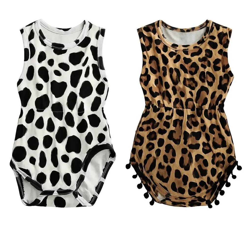 3/$20 Bundle •Baby Sleeveless Romper Bundle – Cow Print & Leopard Print –